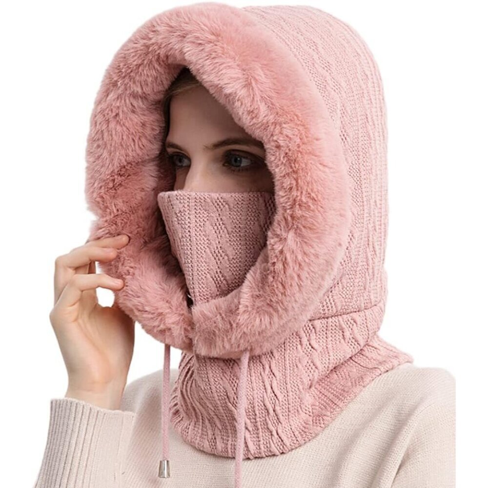 Women Fleece Beanie Hat Scarf Set Winter Warm Knit Hooded Balaclava Pullover